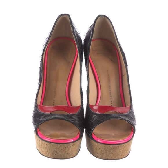 Giuseppe Zanotti Black Red Yellow Leather Snake Peep Toe Platform Shoe EU 37.5 - Picture 2 of 5